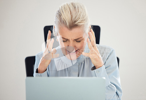 Image of Stress, frustrated and business woman on laptop with anxiety, angry and confused for 404, error or mistake. Crisis, fail and problem of senior person on computer in burnout, depression or work anger