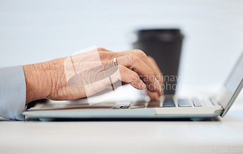 Image of Laptop, typing and business person hands for email, online review and research, asset management or digital report. Career manager or senior people working on computer, internet or retirement website