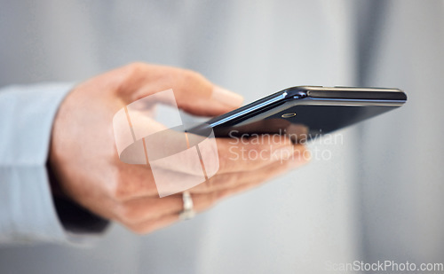 Image of Phone, communication and business person hands with search, social media and networking online. Connection, typing and professional people on mobile chat, internet or Web 3.0 for news or opportunity