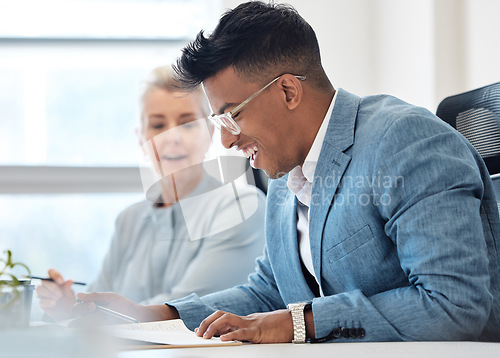 Image of Business meeting, documents and happy people for financial report, accounting and company budget, revenue or profit. Sales, review and paperwork of professional man, woman or team talking of results