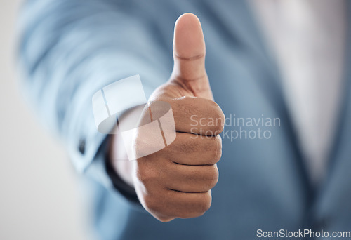 Image of Thumbs up, success and business person hands for thank you, winning or yes, like emoji or social media subscribe. Winner, professional or people with okay, support and vote or job excellence sign