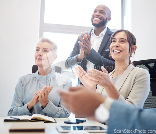 Image of Office, applause and people in business meeting, presentation or team building workshop with staff. Group, hands and clapping for celebration, achievement or corporate success, target or goal