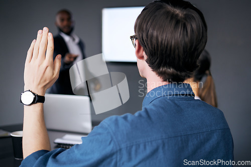 Image of Businessman, hand and question in meeting presentation for interaction, teamwork or answer at the office. Man in audience with raised hands in coaching or staff training for FAQ, idea or solution