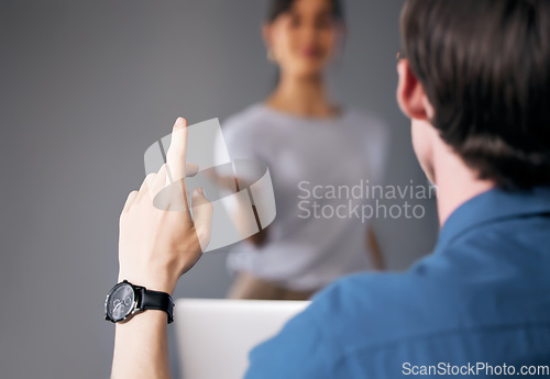 Image of Businessman, hand and question in meeting for solution, interaction or answer at the office. Man in audience with raised hands in coaching presentation or staff training for FAQ or idea at workplace