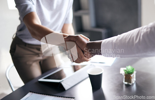 Image of Business people, handshake and meeting for hiring, partnership or b2b deal and agreement at office. Hand of employees shaking hands for teamwork, collaboration or welcome in recruiting at workplace