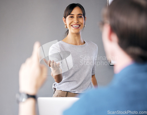 Image of Businessman, hand and question in meeting or coaching for solution, interaction or answer at office. Man in audience with raised hands in presentation or staff training for FAQ or idea at workplace