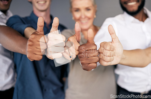 Image of Group closeup, thumbs up and hands for business people by wall with emoji, diversity and insurance agency. Men, women and goal with smile for team building, solidarity and collaboration in portrait