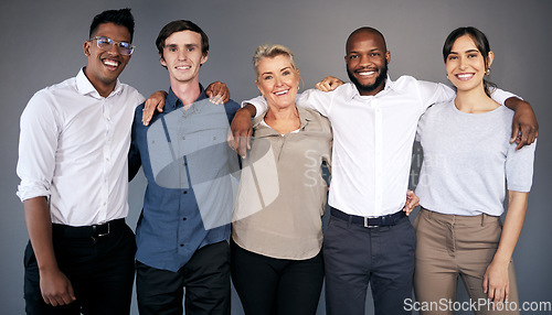 Image of Group portrait, business people and hug by wall with teamwork, smile or diversity at insurance agency. Men, women and together with happiness for team building, solidarity or collaboration in office