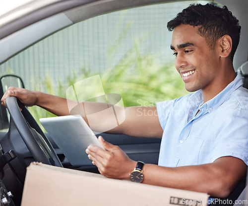 Image of Delivery man in car with tablet, smile and box, checking location, order or online map logistics. Courier service, happy driver in van and internet for digital logistic schedule and package service.