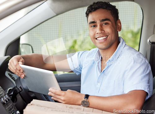 Image of Portrait, tablet and delivery with a man in a van searching for directions to a location or address for shipping. Ecommerce, logistics and supply chain with a young male courier driving a vehicle
