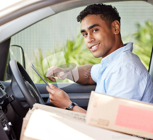 Image of Portrait, tablet and a man courier in a van searching for directions to a location or address for shipping. Ecommerce, logistics and supply chain with a young male driving a vehicle for delivery