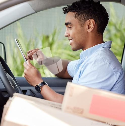 Image of Courier, driver in car with tablet, smile and boxes, checking location, order or online map for logistics. Service, happy delivery man in van with package or box, online for digital logistic schedule