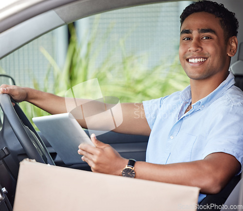 Image of Portrait, tablet and logistics with a man in a van searching for directions to a location or address for shipping. Ecommerce, delivery and supply chain with a young male courier driving a vehicle