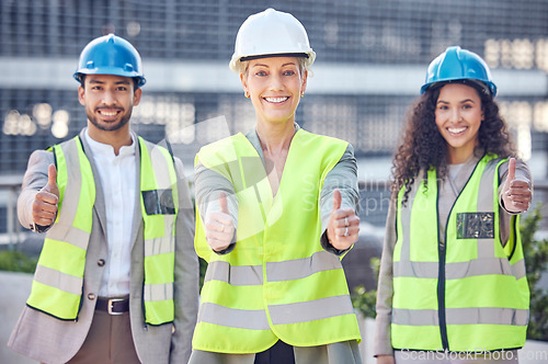 Image of Engineer, construction and team thumbs up with a woman manager outdoor for civil engineering work. Portrait of leader and gender equality with a man and women show hands for building project success
