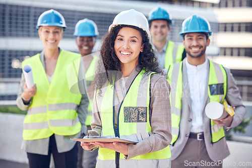 Image of Engineering, construction and team with woman manager outdoor for civil engineer project. Portrait of leader and gender equality with men and women together for architecture, building and development