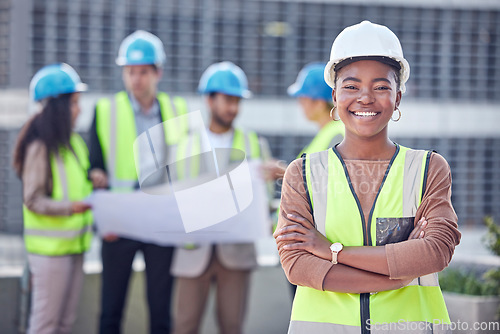 Image of Engineer, black woman or manager at construction site outdoor for civil engineering and architecture. Portrait of leader for gender equality with architect people and smile for city project success