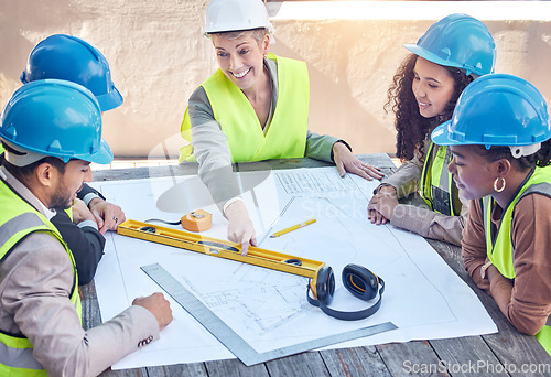 Image of Architect, engineering and team with blueprint outdoor on table for construction and building project. Manager for gender equality with men and women talking floor plan discussion, planning and paper