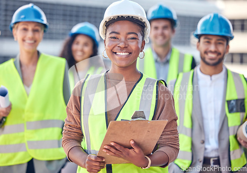 Image of Engineer, construction and team with black woman or manager outdoor for civil engineering and building. Portrait of leader and gender equality with men and women together for site engineering project