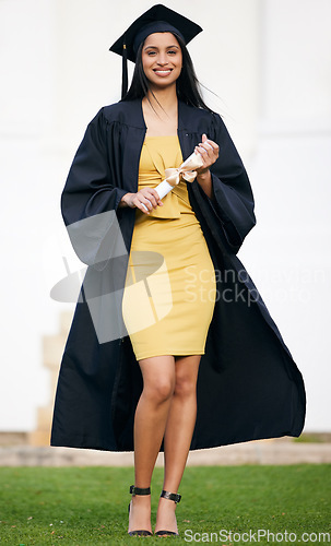 Image of Smile, graduation and portrait of woman at college for future, scholarship and achievement. Certificate, university and success with female student for school, diploma and graduate celebration