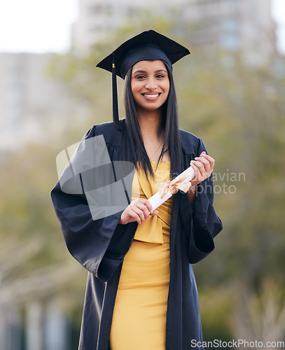 Image of Education, graduation and portrait of woman at college for future, scholarship and achievement. Certificate, university and success with female student for school, diploma and graduate celebration