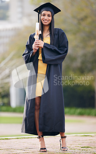 Image of Diploma, graduation and portrait of woman at college for future, scholarship and achievement. Certificate, university and success with female student for school, education and graduate celebration