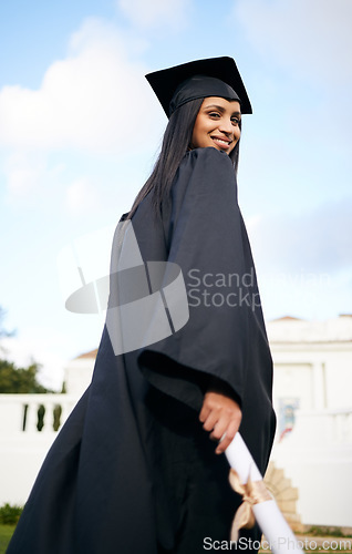 Image of Portrait, certificate and back with a woman graduate on university campus for a celebration event outdoor. Graduation, education and future with a happy young female student alone outside at college