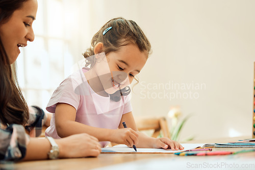 Image of Homework, mom and help girl with learning, education and student writing or home school, study and working on table. Mother, child and work together on math, drawing or parent helping on project