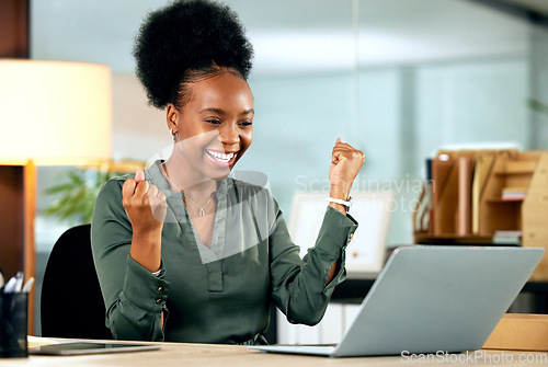 Image of Business, celebration and black woman with success on laptop, computer or working achievement, promotion or bonus. Businesswoman, excited and employee celebrate happiness in office or workplace