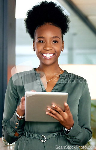 Image of Black woman in business, tablet and smile in portrait, web design and app development with tech. Happy female developer with digital touchscreen, internet and software upgrade at creative startup