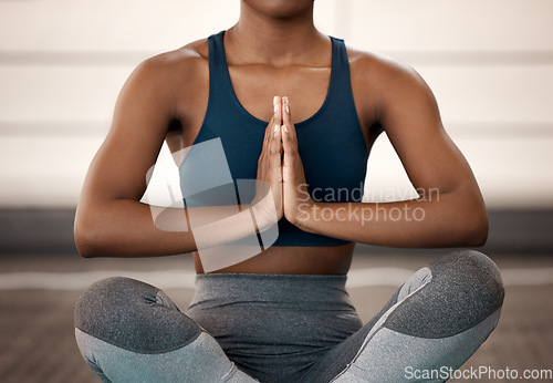 Image of Prayer, yoga and meditation with hands of woman for zen, wellness and mental health. Peace, mindfulness and healing with closeup of female yogi and praying gesture for gratitude, spiritual or balance