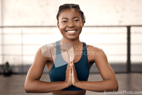 Image of Peace, yoga and meditation with portrait of black woman for zen, wellness and mental health. Relax, mindfulness and namaste with female yogi and prayer hands for gratitude, spiritual and balance