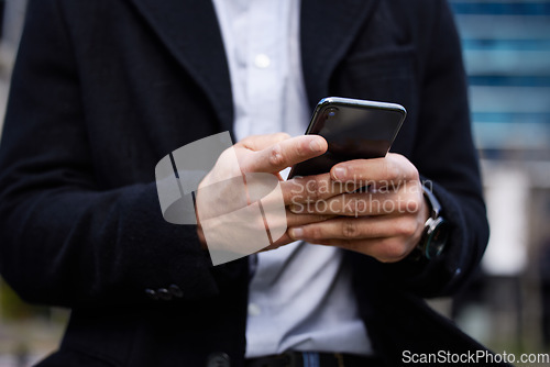 Image of Business man, phone and hands typing outdoor for communication, social media or chat. Closeup of male entrepreneur person with smartphone in city for network, internet connection or mobile travel app