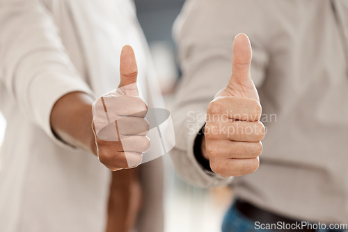 Image of Business people, hands and thumbs up for success, winning or good job in team approval at office. Hand of employees with thumb emoji, yes sign or like in teamwork, agreement or thank you at workplace