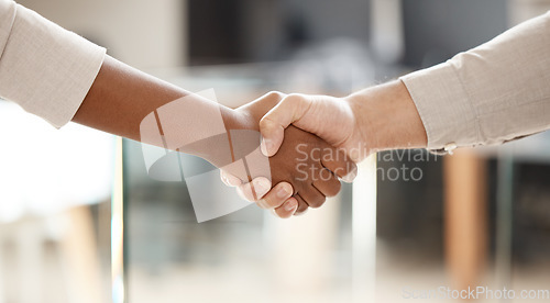 Image of Business people, handshake and meeting in partnership agreement for deal, b2b or hiring at office. Employee shaking hands for teamwork, recruiting or welcome introduction or thank you at workplace