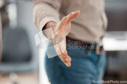 Image of Businessman, handshake and meeting for hiring, agreement or b2b deal in recruitment at the office. Employee shaking hands for teamwork recruiting, welcome or introduction in thank you at workplace