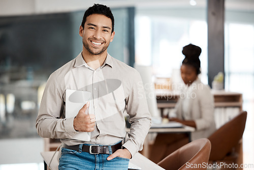 Image of Happy, tablet and portrait of business man in office for professional, digital and pride. Communication app, website and technology with male employee for management, mission and internet in startup