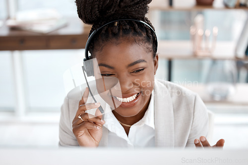 Image of Black woman, call center and smile with headphones in customer service, support or telemarketing at office. Happy African female person consultant agent smiling for online advice or help at workplace