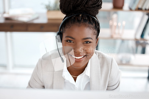 Image of Black woman, call center and portrait smile in customer service, support or telemarketing at office. Happy African female person consultant agent smiling for online advice or telesales at workplace