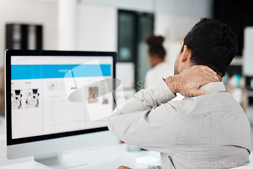 Image of Businessman, call center and neck pain in stress, burnout or anxiety and overworked at office. Tired or frustrated man consultant agent in mental health, ache or discomfort by computer at workplace