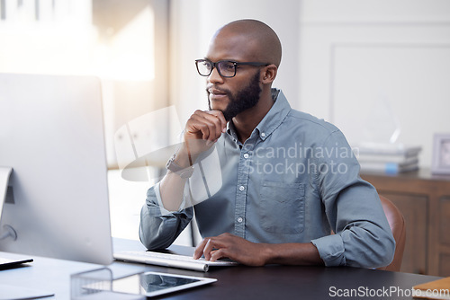 Image of Thinking, computer and business man for IT solution, problem solving and online news, feedback or decision. Information technology, idea and software review of african person on desktop pc in startup