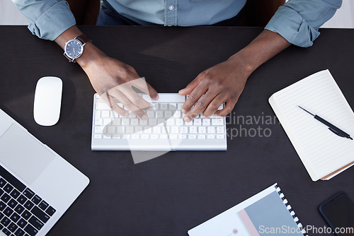 Image of Typing, keyboard and business person hands above for web article, copywriting and planning newsletter at desk. Working, research and journalist, editor or man on computer for editing digital report