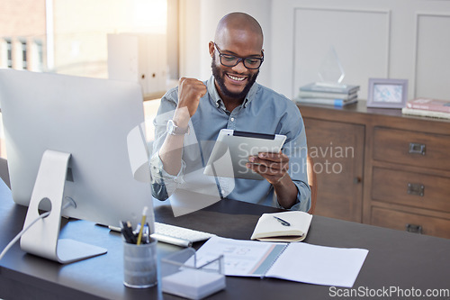 Image of Winning, tablet and business man in success, bonus or online news, opportunity or celebration, cheers and sales. Fist, yes and happy african person or winner on digital tech, trading or investment