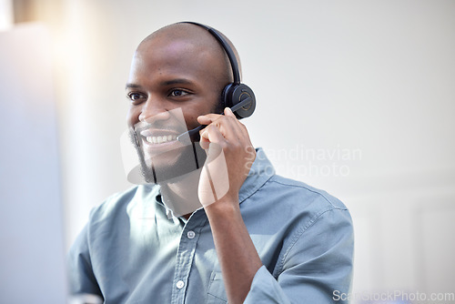 Image of Computer, call center and business man, IT consultant or technical support agent talk, communication or advice. Helping, callcenter and solution of african person on desktop in information technology