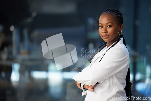 Image of Mockup space, portrait of a black woman doctor and with stethoscope at a hospital. Healthcare or medical expert, surgeon or nurse and confident African female person at a clinic of her workplace