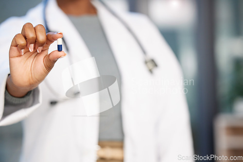 Image of Medicine, pills and giving with hand of doctor for pharmacy, treatment and vitamins. Medical, healthcare and supplements with closeup of woman and antibiotics capsule for offer, wellness and helping