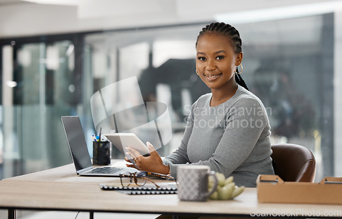 Image of Tablet, office and portrait of business black woman online for research, internet and browse website. Corporate, professional and female worker on digital tech working on report, project and planning