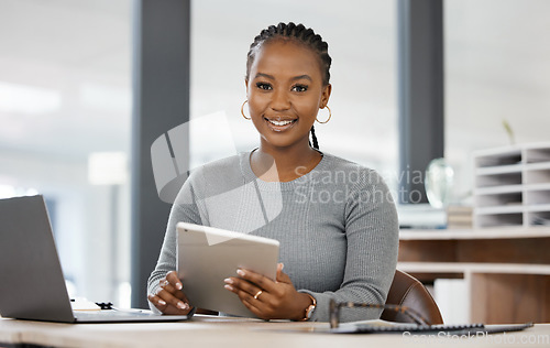 Image of Office, tablet and portrait of business black woman online for research, internet and browse website. Corporate, professional and female worker on digital tech working on report, project and planning