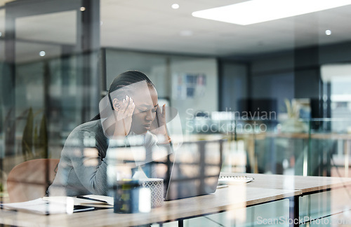 Image of Business woman, headache and stress in office with anxiety and burnout from work deadline. Tech, fatigue and tired African female person at company with glass and worker feeling frustrated from fail