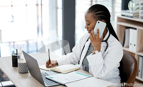 Image of Phone call, doctor and black woman writing in notebook for planning, medical schedule and agenda. Healthcare, hospital office and female worker on smartphone for consulting, medicare service and help