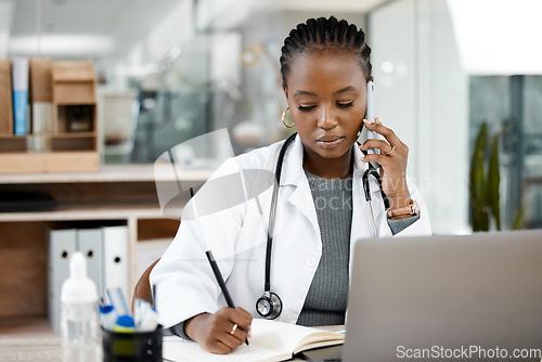 Image of Phone call, doctor and black woman writing notes for medical planning, schedule and agenda. Healthcare, clinic and female worker talking on smartphone for consulting, medicare service and discussion